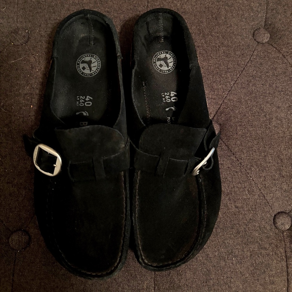 Birkenstock Black Suede Slip-On Clogs with Silver Buckles